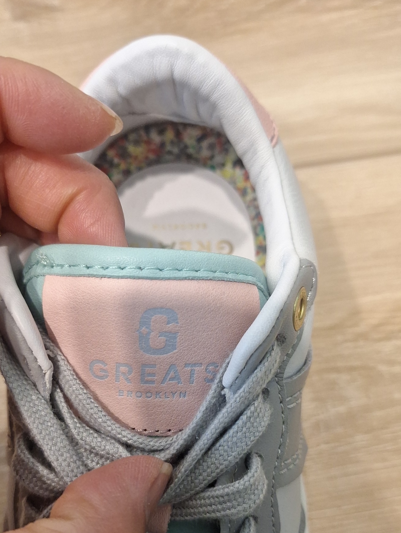 Greats Brooklyn Grey & White Leather Sneakers With Pastel Pink & Mint Accents 6 — image 8 of 8